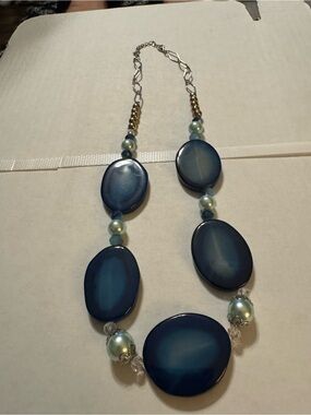 Blue Statement Beaded Necklace with Pearl Accents